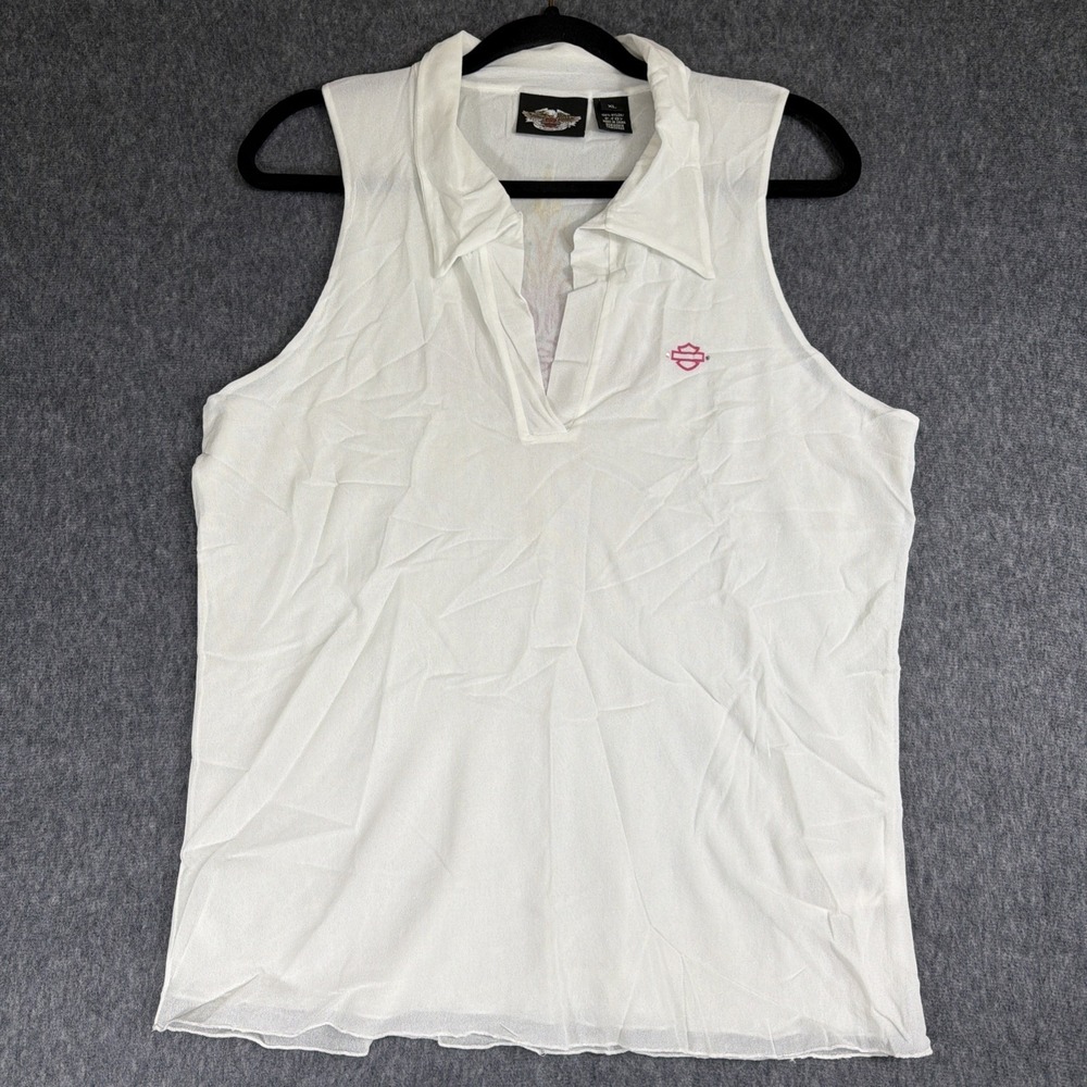 Harley Davidson Top Womens XL Sleeveless White Back Biker Rhinestone